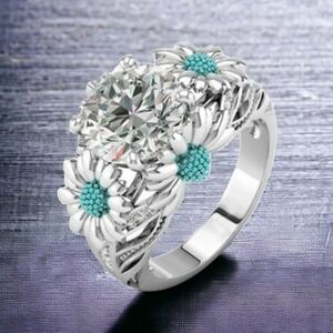 Bohemian Blue Chrysanthemum Flowers Nature Lover Ring